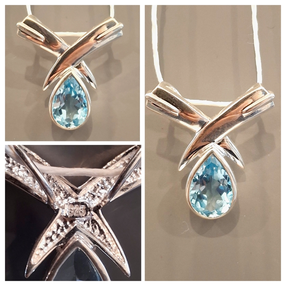 Vintage Elegant 925 Sterling Silver And Blue Topaz Pendant Necklace
